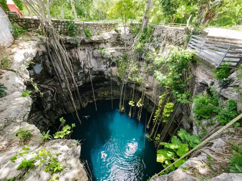 Turquoise cenote bij Valladolid, omringd door hangende wortels
